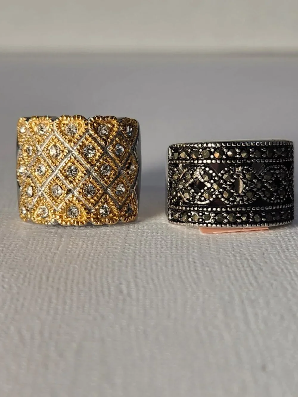 NWT Set of Gold Quilted Pavé + Black Marcasite Wide Band Ring Bundle Size 6 - Picture 7 of 10